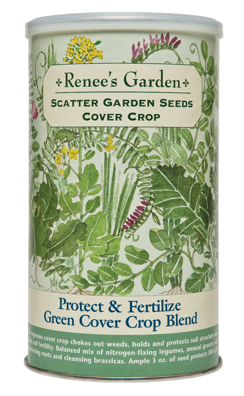 Canister of Renee's Garden cover crop seeds with botanical illustrations on a white background