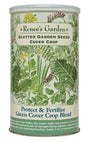 Canister of Renee's Garden cover crop seeds with botanical illustrations on a white background