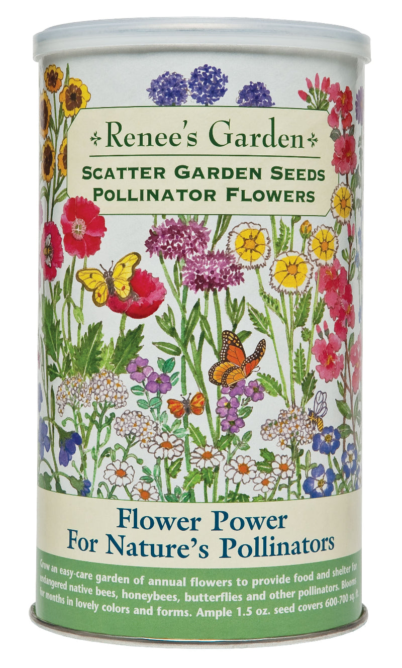 Canister of Renee's Garden scatter garden seeds with floral design