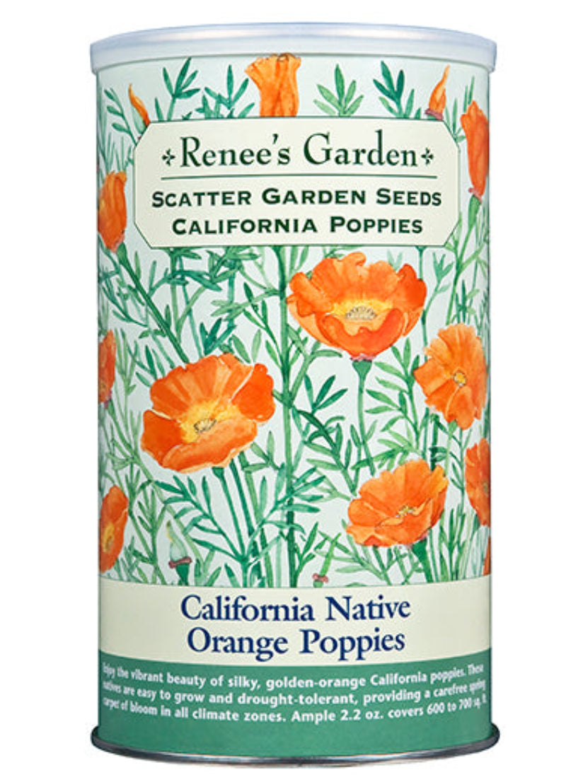 Seed canister with California poppy design and 'Renee's Garden' branding