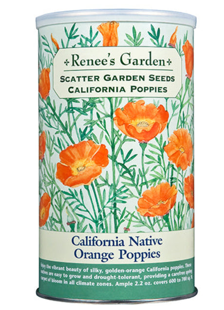 Seed canister with California poppy design and 'Renee's Garden' branding