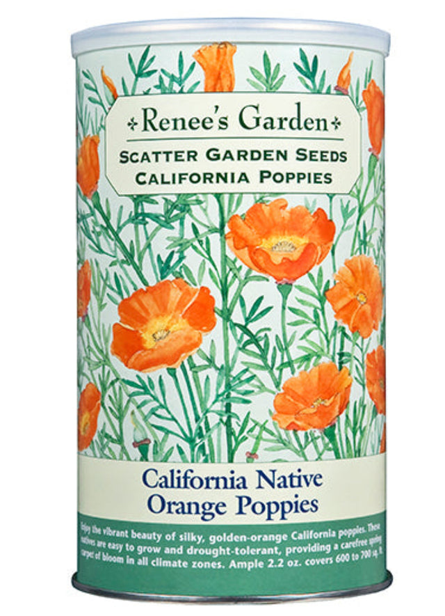 Seed canister with California poppy design and 'Renee's Garden' branding