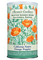 Seed canister with California poppy design and 'Renee's Garden' branding