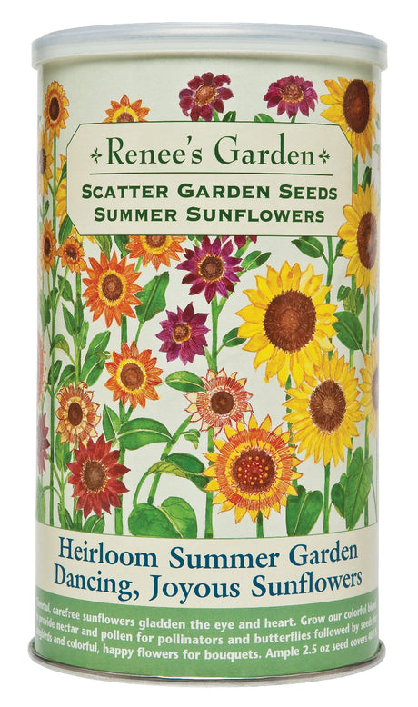 Canister of Renee's Garden scatter garden seeds with sunflower design