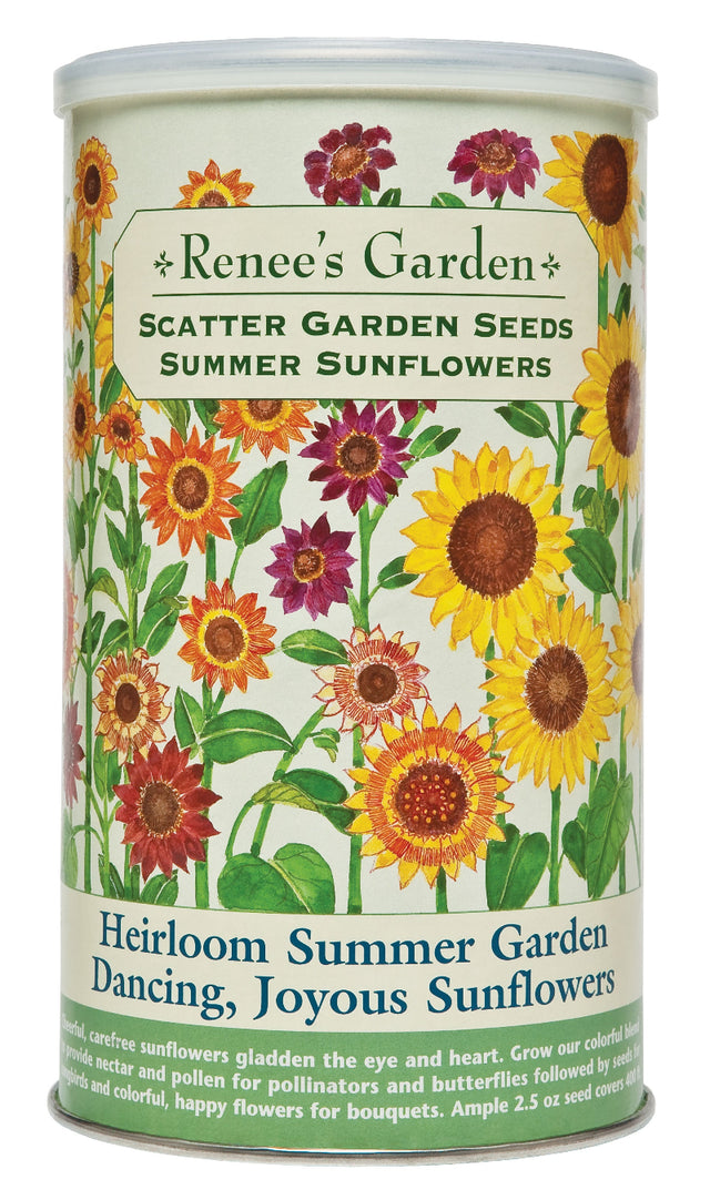 Canister of Renee's Garden scatter garden seeds with sunflower design